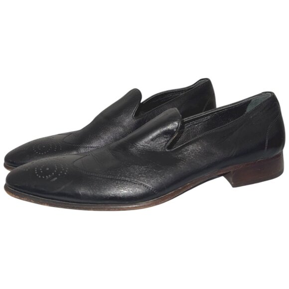 W COLLECTION Wingtip Brogue Loafers 11 Slip On Almond Toe Black Leather Business - Picture 3 of 6